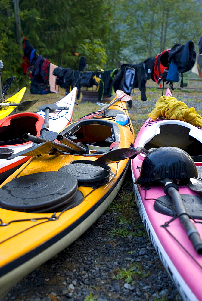Kayaks and gear drying out at campground, Egmont, British Columbia