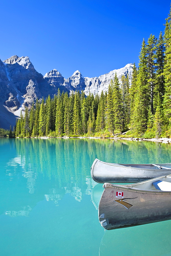 Canoes in Moraine Lake and Valley of the Ten Peaks, Banff National Park, Alberta