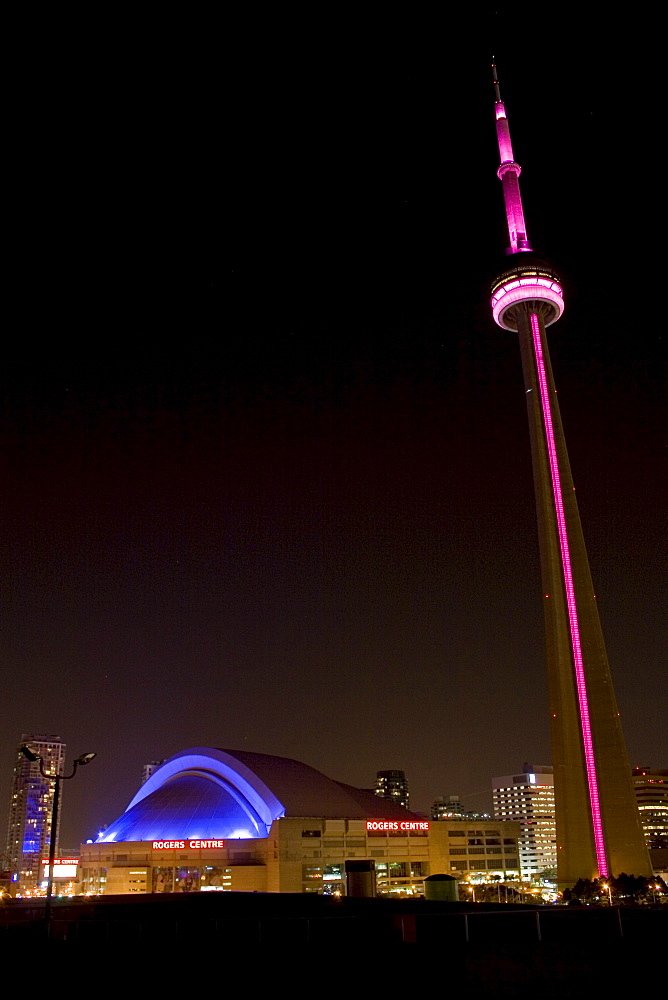 CN Tower and Rogers Centre at Night, Toronto, Ontario