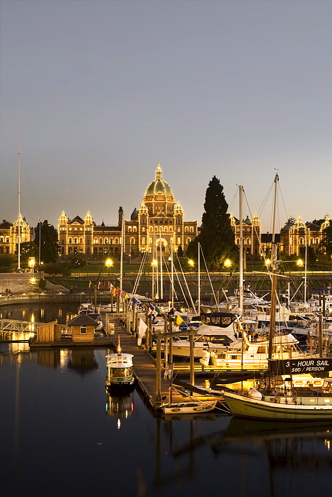 Provincial parliament building near the inner harbour at dusk, Victoria, British Columbia