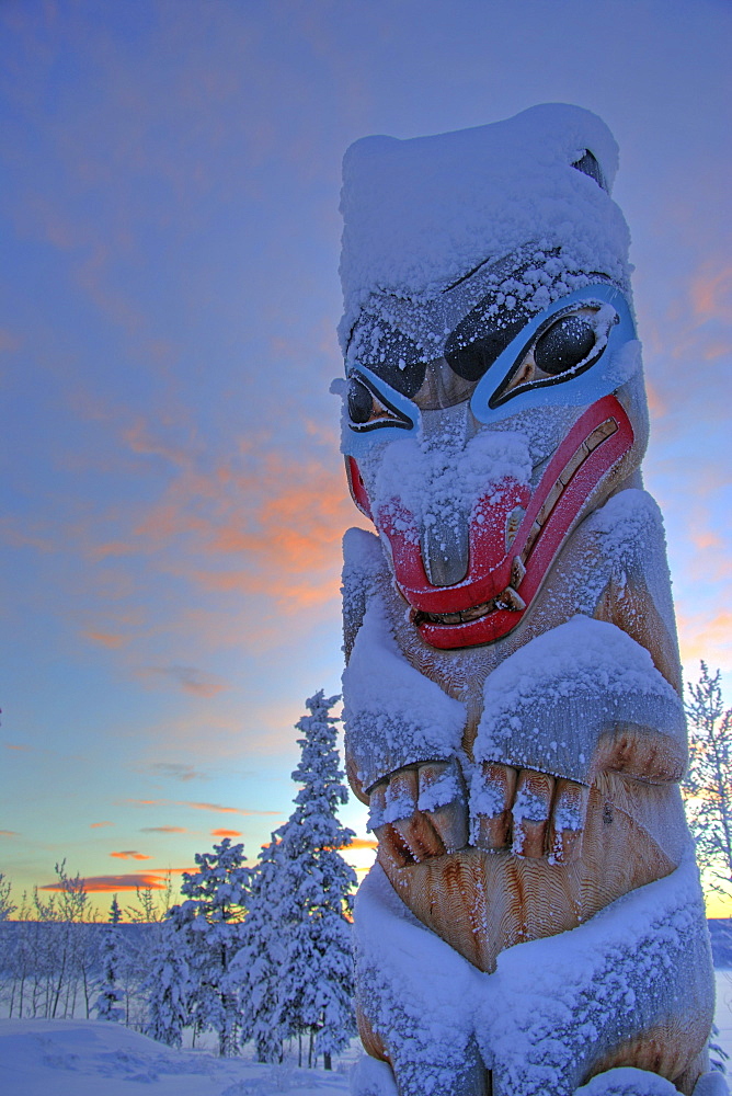 Snow Covered Totem Pole at Sunset, outside Teslin, Yukon