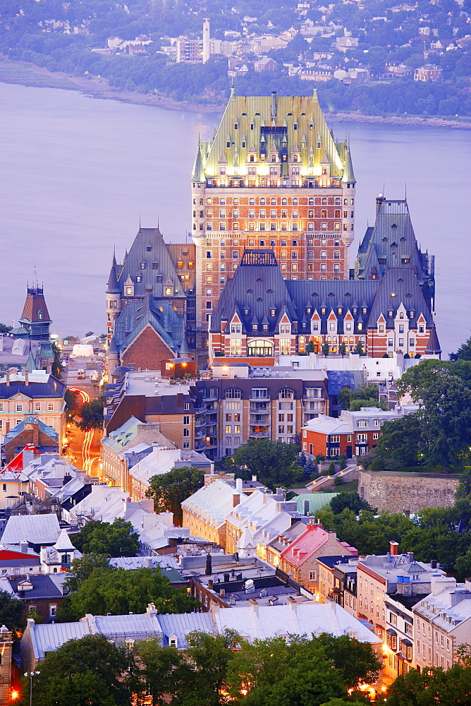 Aerial View of Chateau Frontenac, Surrounding Rooftops and St. Lawrence River at Twilight, Quebec City