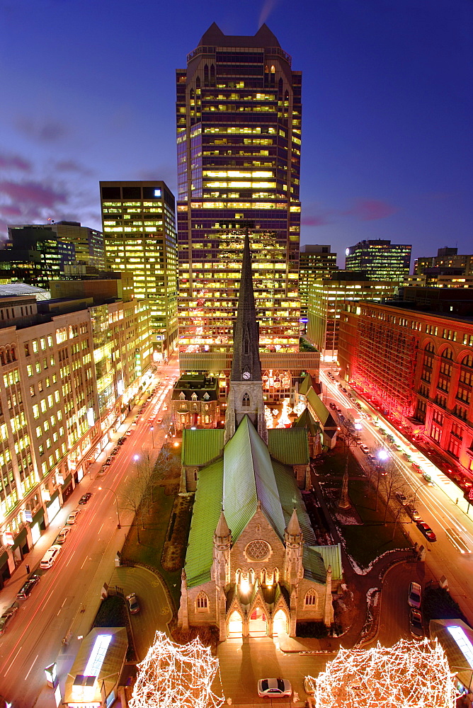 Christ Church Cathedral and Skyscraper at Twilight, Montreal, Quebec