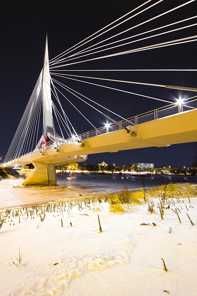 Esplanade Riel bridge crossing the Red River connecting downtown Winnipeg to St. Boniface, Winnipeg, Manitoba