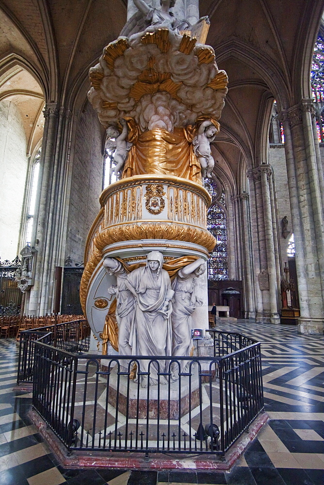 Allegorical figures supporting the pulpit in Notre-Dame d'Amiens Cathedral, Amiens, Somme, France