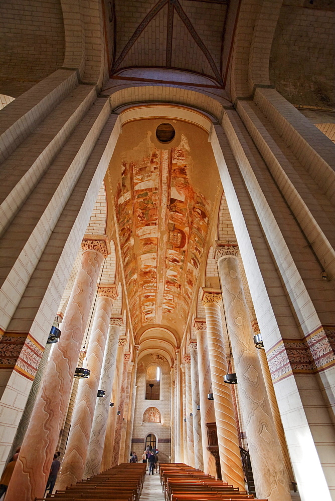 Romanesque murals on the ceiling and painted columns in the central nave of the Abbey Church of Saint-Savin sur Gartempe, Saint-Savin sur Gartempe, Vienne, France