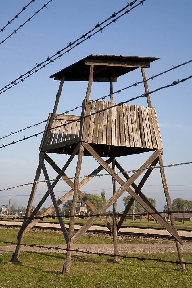 Watchtower along the 'Selektionsrampe', the platform where people where selected to die in the gas chambers immediately or to work to death at the Auschwitz-Birkenau Concentration Camp, Auschwitz-Birkenau Concentration Camp, Oswiecim, Malopolska, Poland