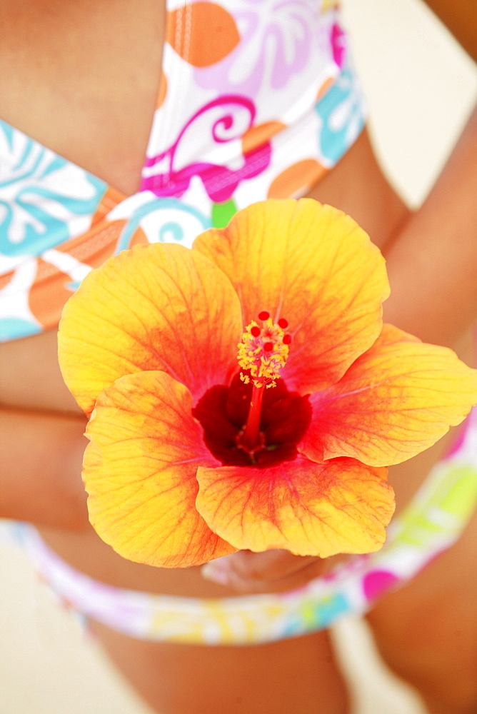 Hawaii, Oahu, Young girl holding a hibiscus flower.