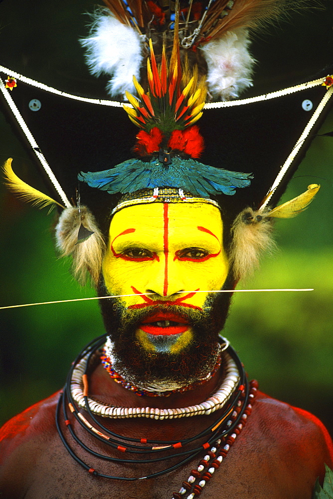 Papua New Guinea, Head shot of young man, face with war paint and wild hair