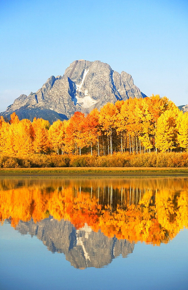 Wyoming, Grand Teton National Park, Landscape of Oxbow Bend on Snake River, Mount Moran in distance.