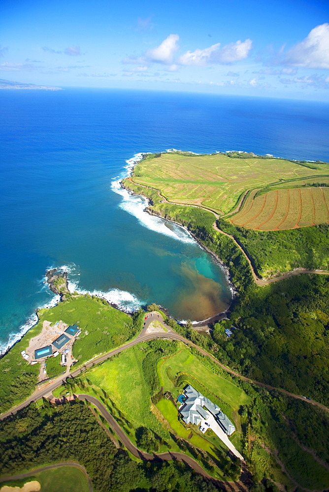 Hawaii, Maui, aerial of Kapalua Resort along the ocean