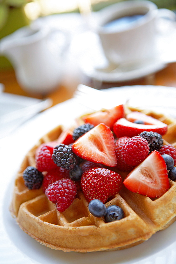 Hawaii, Maui, Balcony, Breakfast fresh fruit waffle and coffee.