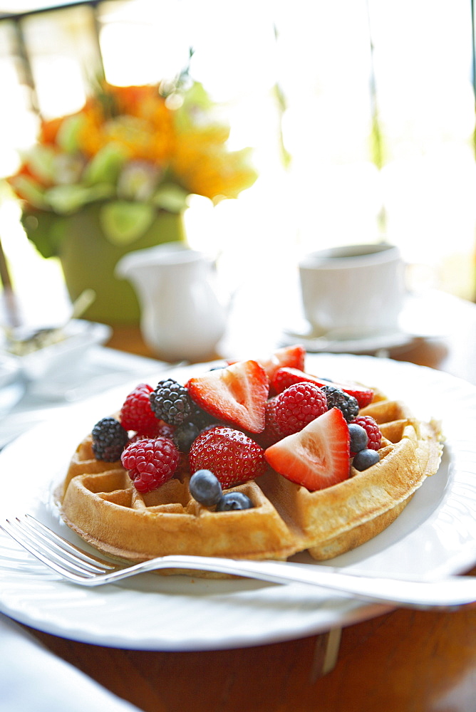 Hawaii, Maui, Balcony, Breakfast fresh fruit waffle and coffee.