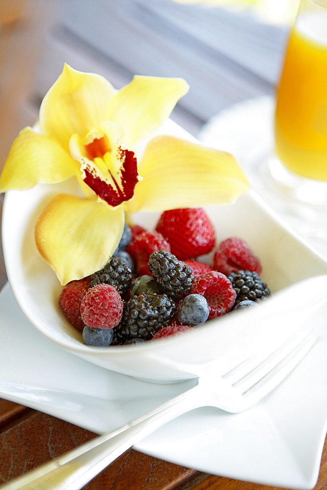 Hawaii, Maui, Balcony, Breakfast fresh Fruit Bowl with Orchid garnish.