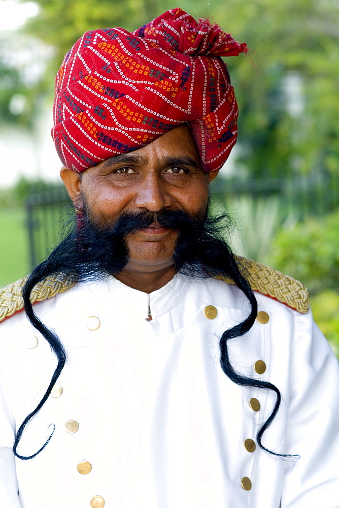 India, Rajasthan, Jaipur, Park Plaza Hotel, Doorman with great moustache.