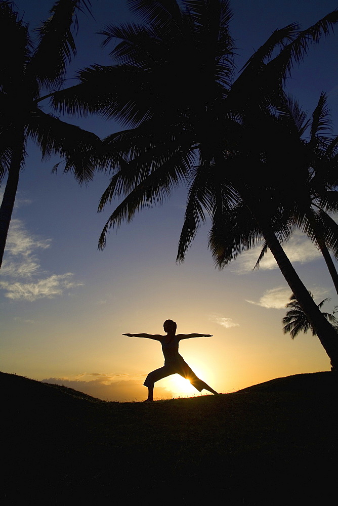 Hawaii, Maui, Olowalu, woman doing yoga at sunset under palm trees.