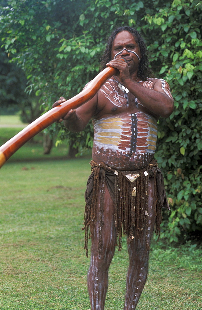 Australia, Queensland, Cairns,  Aboriginal native man playing didgeridoo, paint on body.