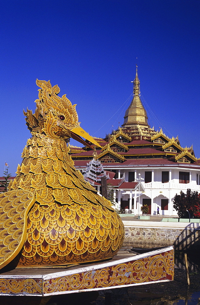 Burma (Myanmar), Inle Lake, Ywaha Phaung Daw and Kyaung, bow of ceremonial boat shaped like bird.