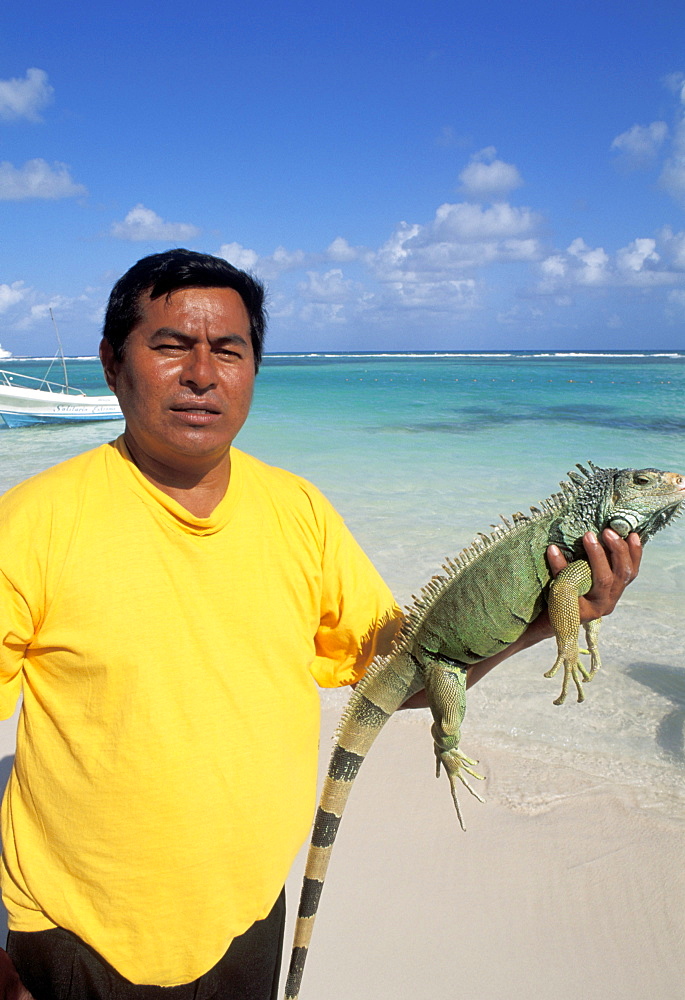 Mexico, Yucatan Peninsula, Cozumel, Local man on beach holding Iguana.