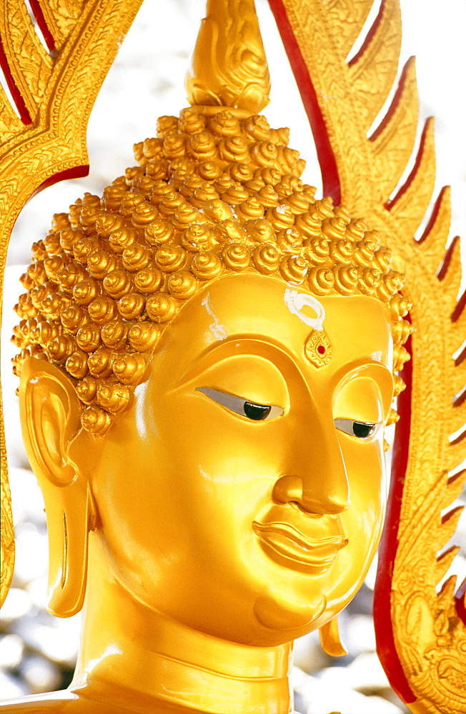 Thailand, Pathom Thani, Shell Temple, headshot of golden Buddha statue with smile