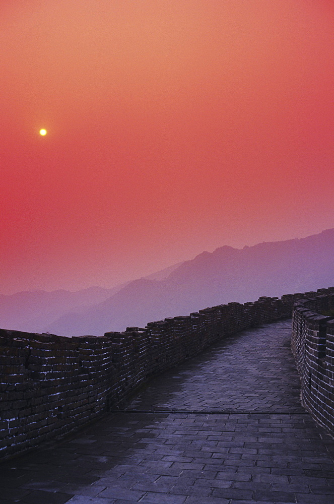 China, Mu Tian Yu, The Great Wall of China, bright red sky and distant moon