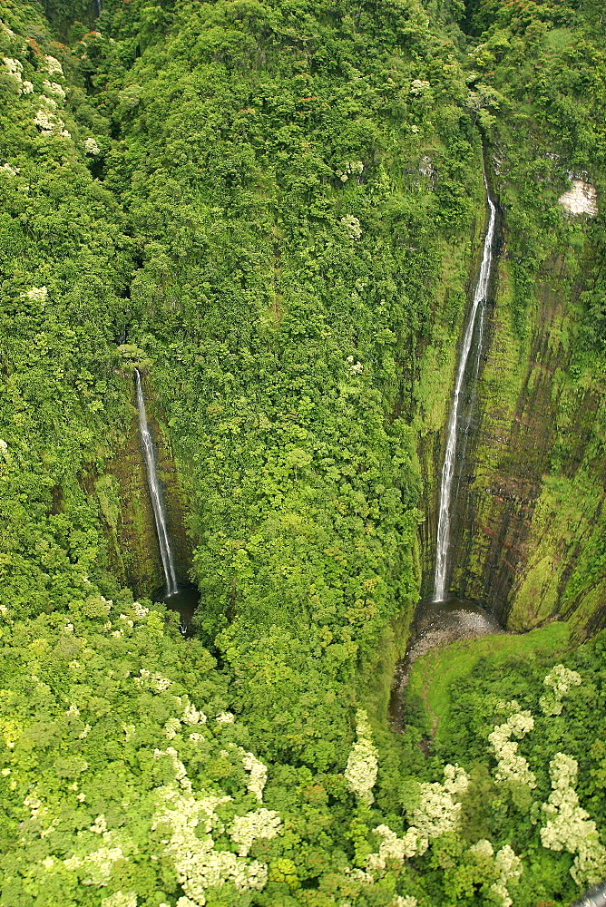 Hawaii, Maui, Hana Coast, Waihiumalu waterfall, Two falls, green and lush, view from above.