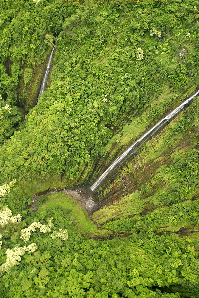 Hawaii, Maui, Hana Coast, Waihiumalu waterfall, Two falls, green and lush, view from above.