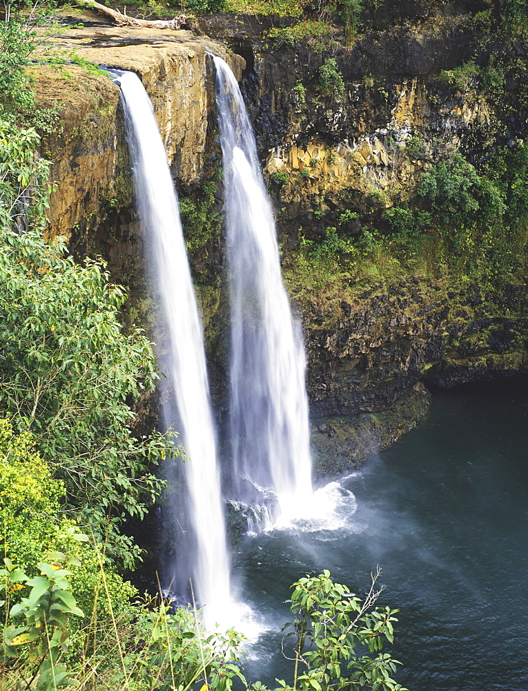 Hawaii, Kauai, Wailua Falls surrounded by foliage.