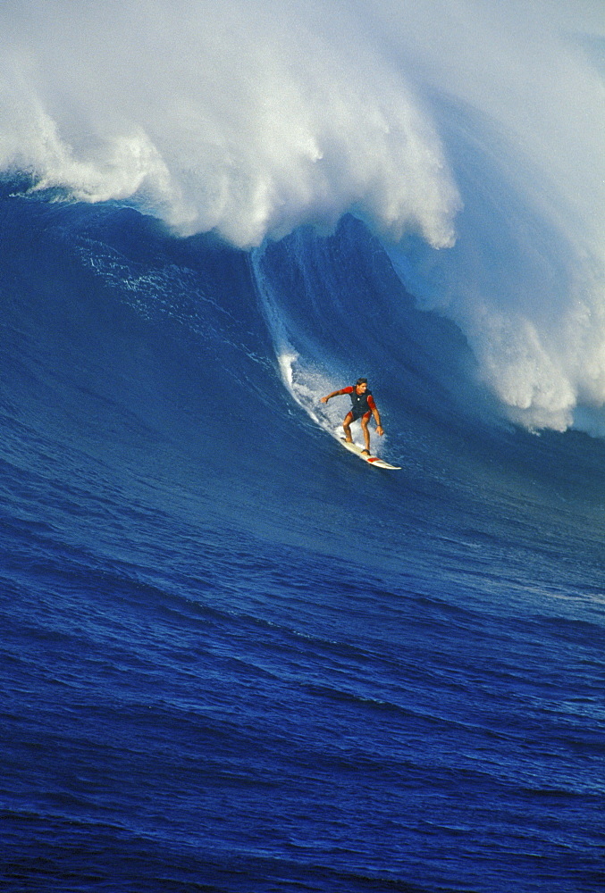 Hawaii, Maui, North Shore, Buzzy Kerbox surfs large curling wave, Jaws aka Peahi