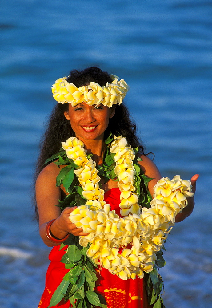 Hawaii, Hawaiian Maiden, Offering flower Leis in Aloha Spirit