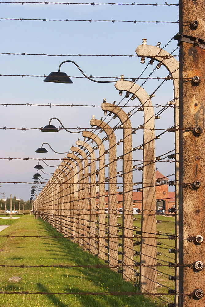 Electrified Barbed Wire Fence Separating Sections Of The Auschwitz-Birkenau Concentration Camp, Oswiecim, Malopolska, Poland