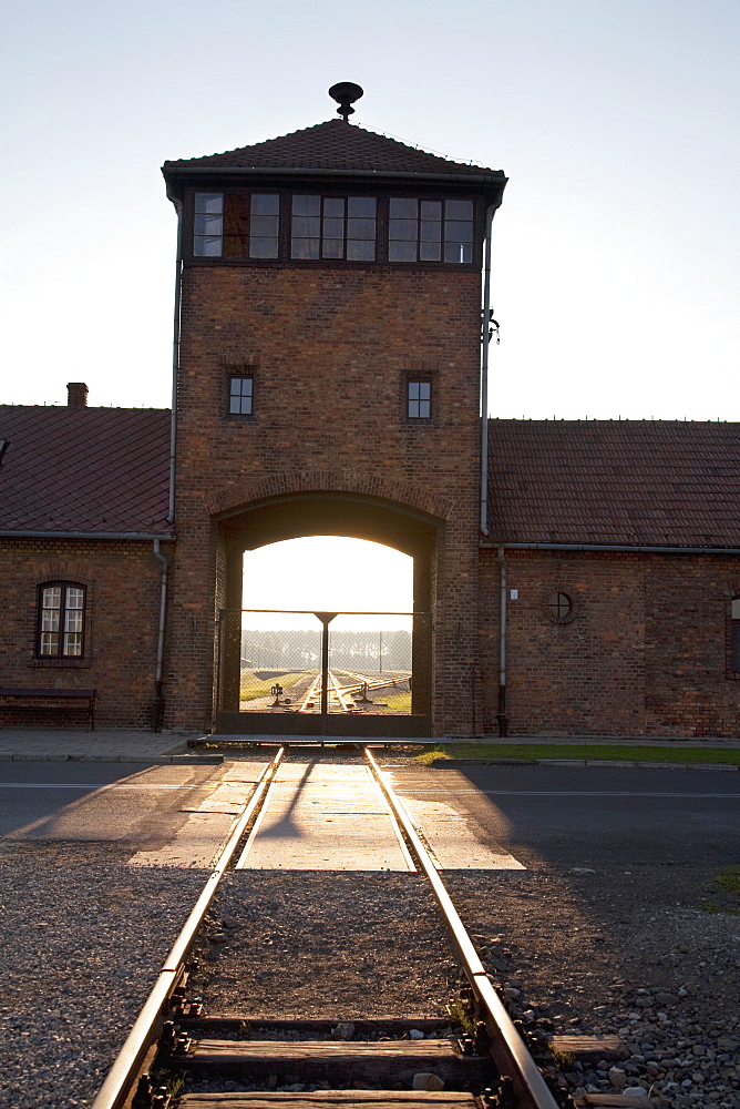 Main Guard House (Gate Of Death) At Sunset, Auschwitz-Birkenau Concentration Camp, Oswiecim, Malopolska, Poland