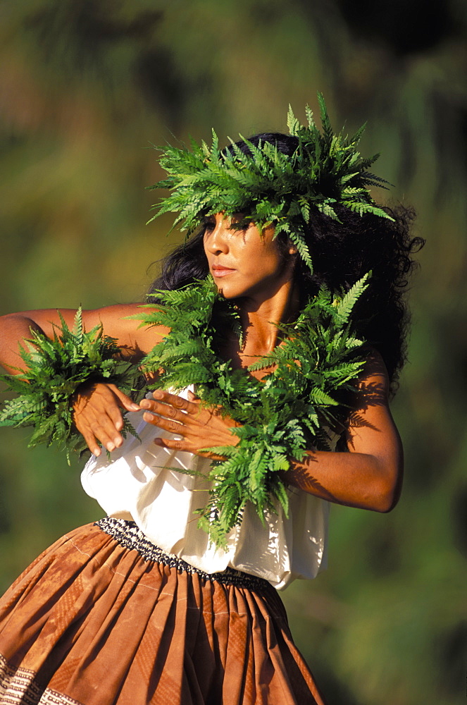 Hawaii, Outdoor Front Angle Of Woman Dancing Hula, Wearing Fern Haku, Lei And Kupe'e Blurry Background