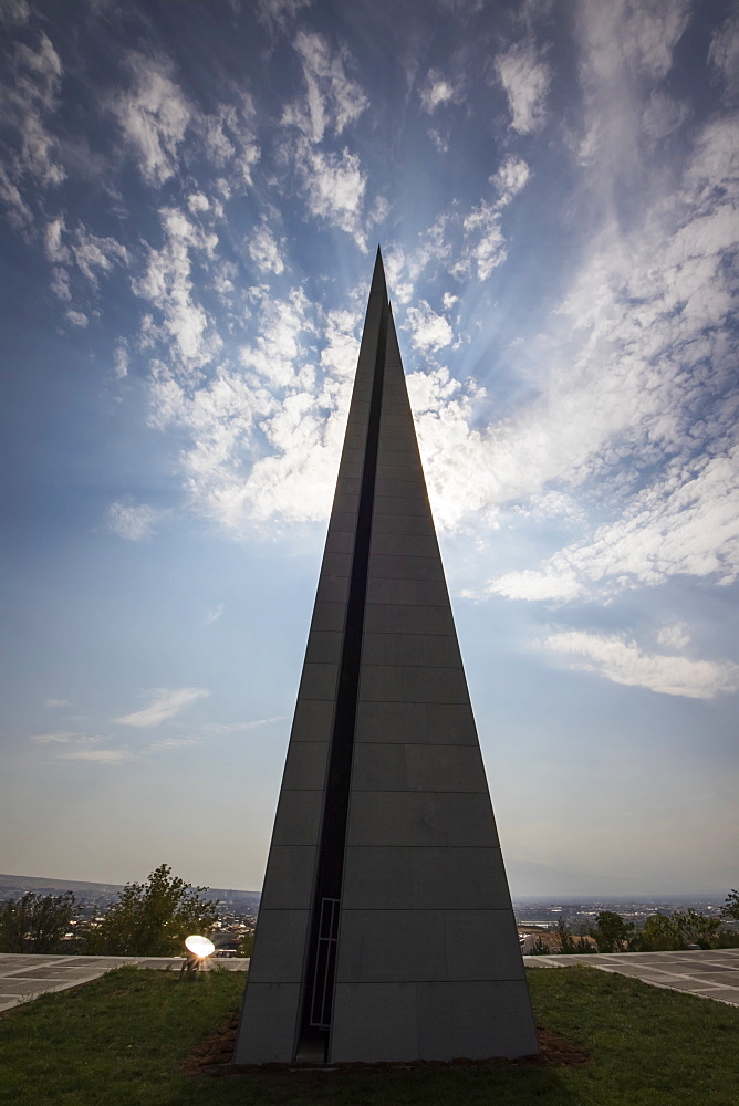 Stele symbolizing the national rebirth of Armenians at Armenian Genocide memorial complex on Tsitsernakaberd hill, Yerevan, Armenia