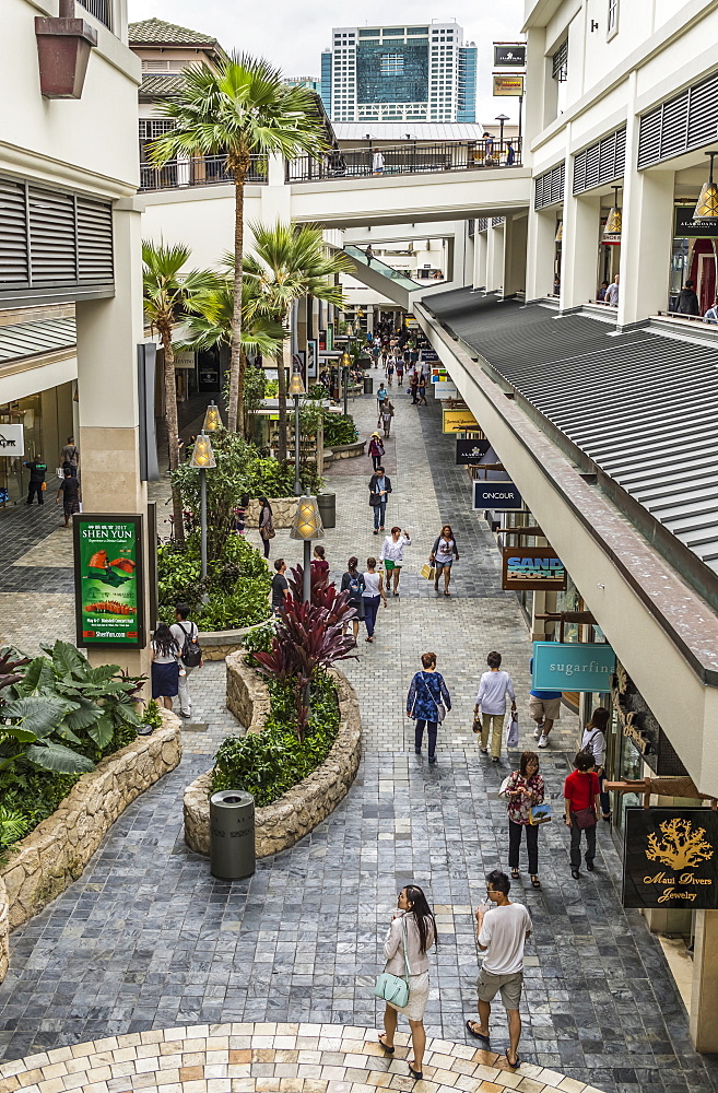 View within the Ala Moana Shopping Center, an open air shopping area depicting its multi-leveled and tropic nature, Waikiki, Honolulu, Oahu, Hawaii, United States of America