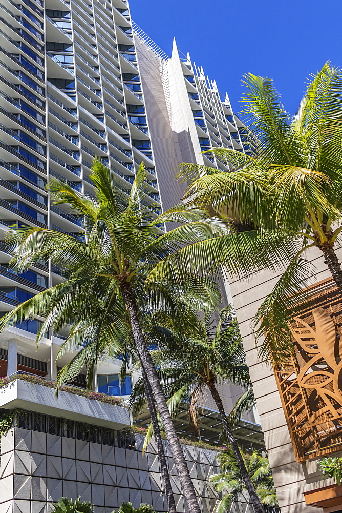 East side of Trump International Hotel Waikiki viewed from Kalia Road in Waikiki, Honolulu, Oahu, Hawaii, United States of America