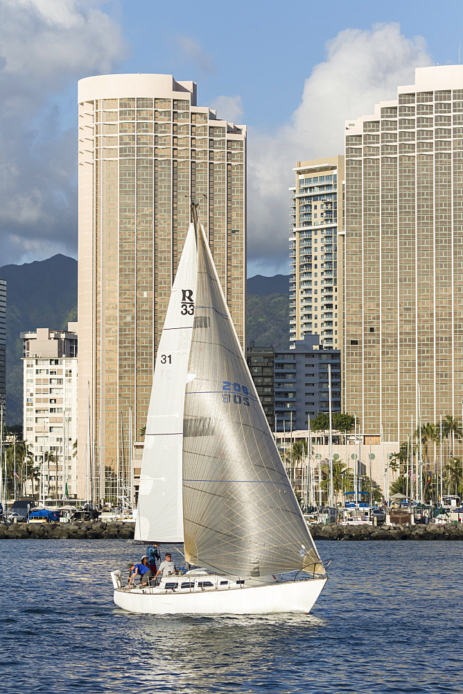 Sailing from the Ala Wai boat harbor, Waikiki, Honolulu, Oahu, Hawaii, United States of America