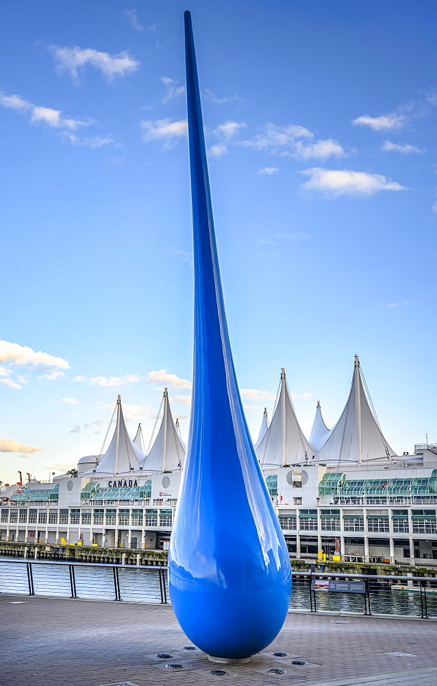 The Drop, raindrop steel sculpture at the waterfront with Canada Place in the background, Vancouver, British Columbia, Canada