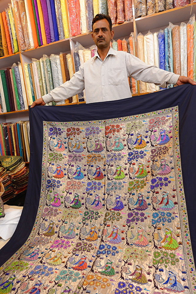 Art work on silk, Indian handicrafts for sale, Varanasi, Uttar Pradesh, India, Asia