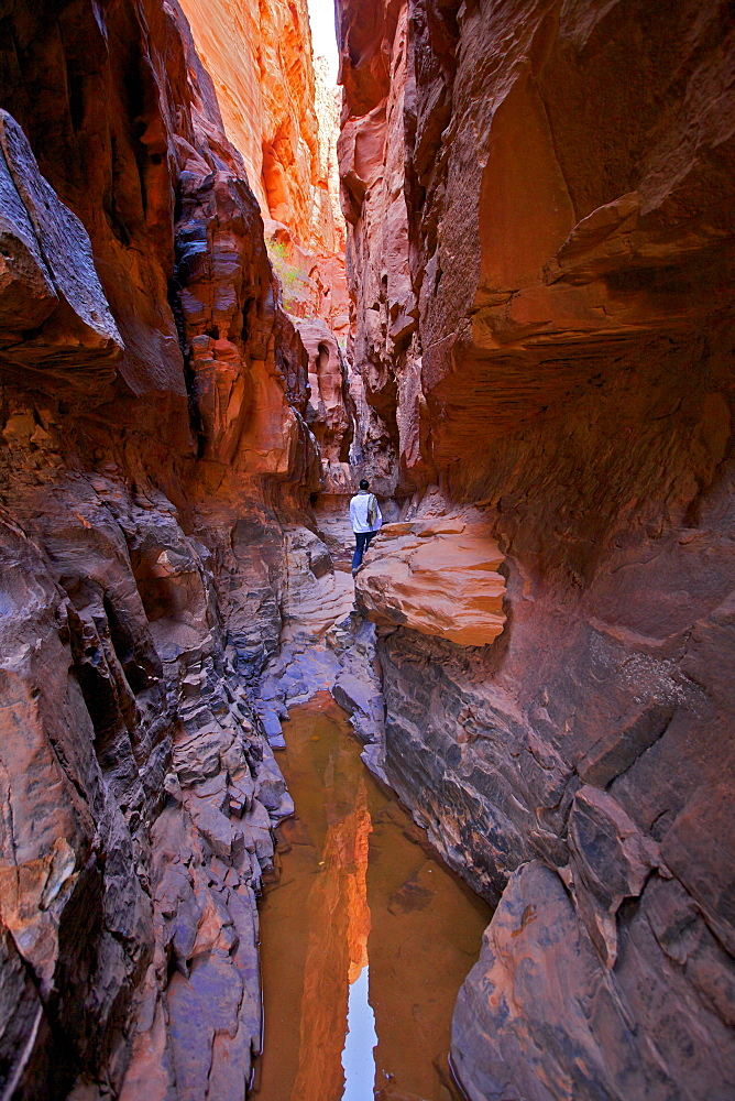 Tourist in Khazali Canyon, Wadi Rum, Jordan, Middle East