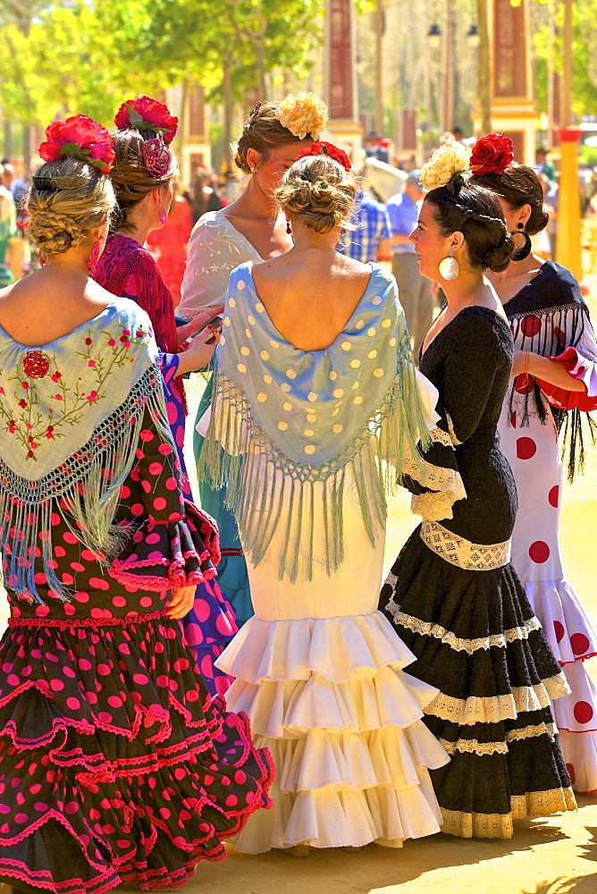 Group of women wearing traditional Spanish costume, Annual Horse Fair, Jerez de la Frontera, Cadiz Province, Andalusia, Spain, Europe