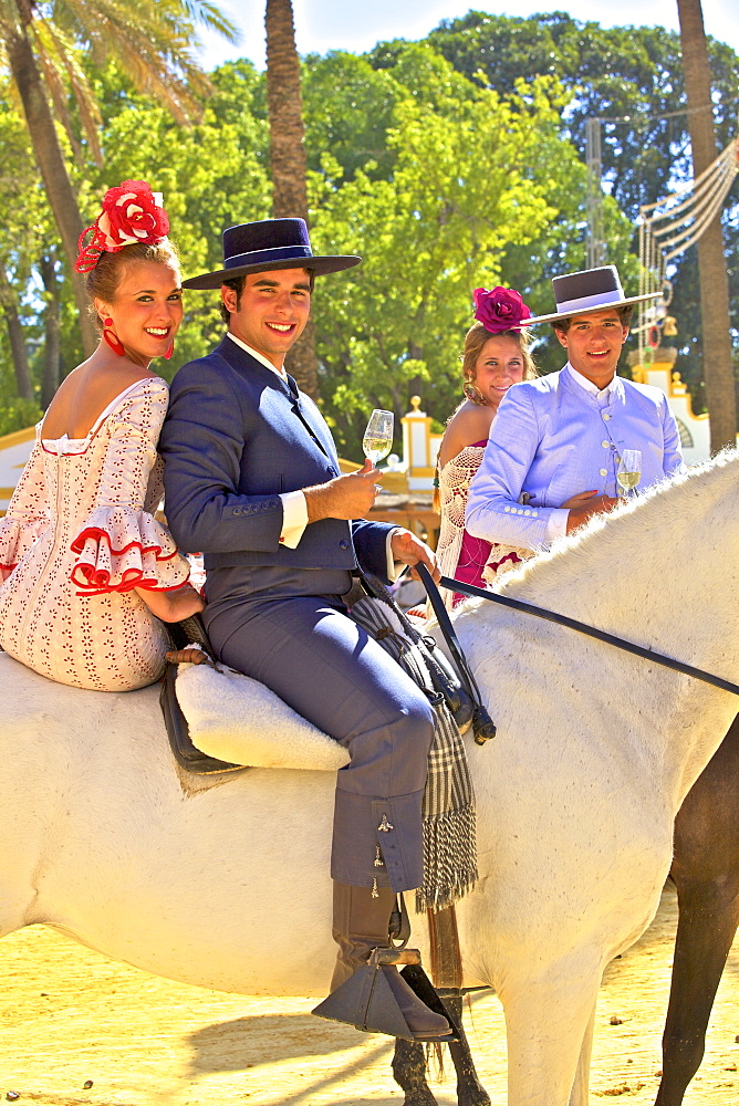 Spanish horse riders in traditional dress at annual Horse Fair, Jerez de la Frontera, Cadiz Province, Andalusia, Spain, Europe