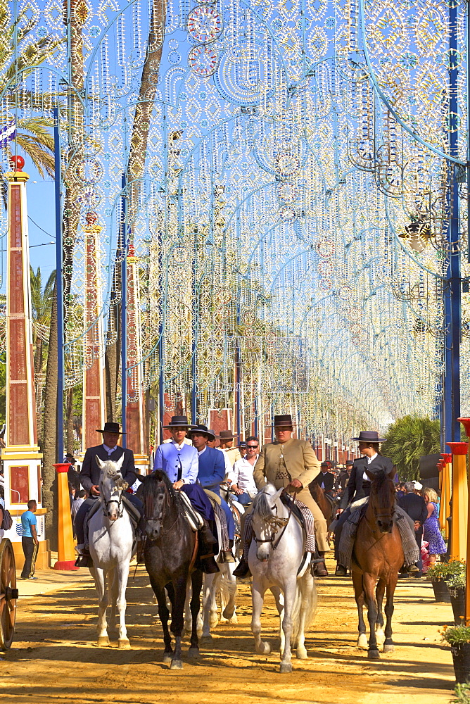 Spanish horse riders in traditional dress at annual Horse Fair, Jerez de la Frontera, Cadiz Province, Andalusia, Spain, Europe