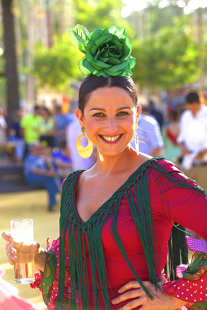 Woman in traditional Spanish costume, Annual Horse Fair, Jerez de la Frontera, Cadiz Province, Andalusia, Spain, Europe