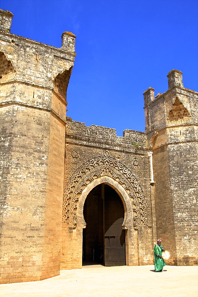 Bab Zaer the Main Gate with musician, Chellah, Rabat, Morocco, North Africa, Africa