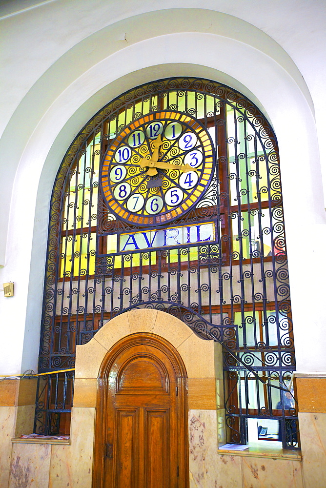 1919 Art Nouveau Post Office Building interior with stained glass window and clock, Casablanca, Morocco, North Africa, Africa