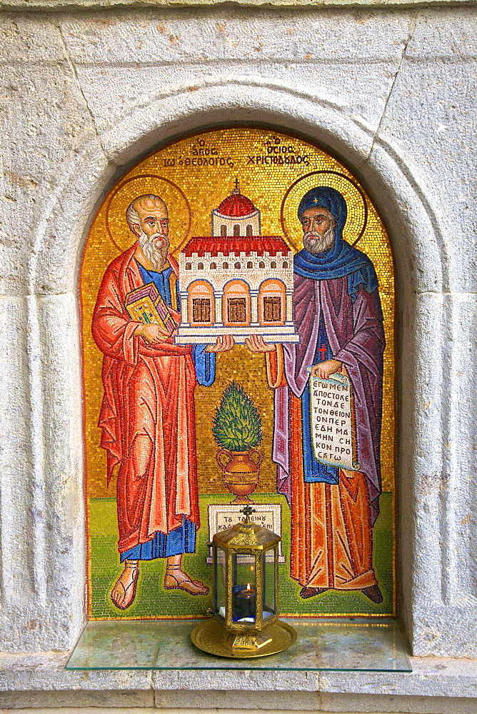 Mosaic icon at Monastery of St. John at Chora, UNESCO World Heritage Site, Patmos, Dodecanese, Greek Islands, Greece, Europe