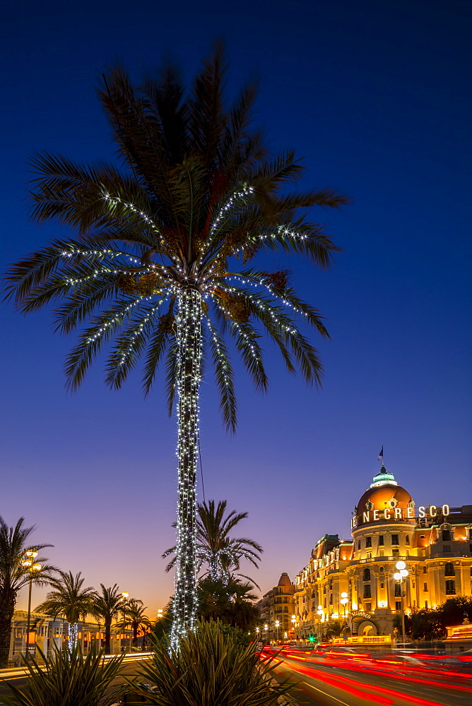 The Hotel Negresco at dusk, Promenade des Anglais, Baie des Anges, Nice, Alpes-Maritimes, Cote d'Azur, French Riviera, Provence, France, Mediterranean, Europe