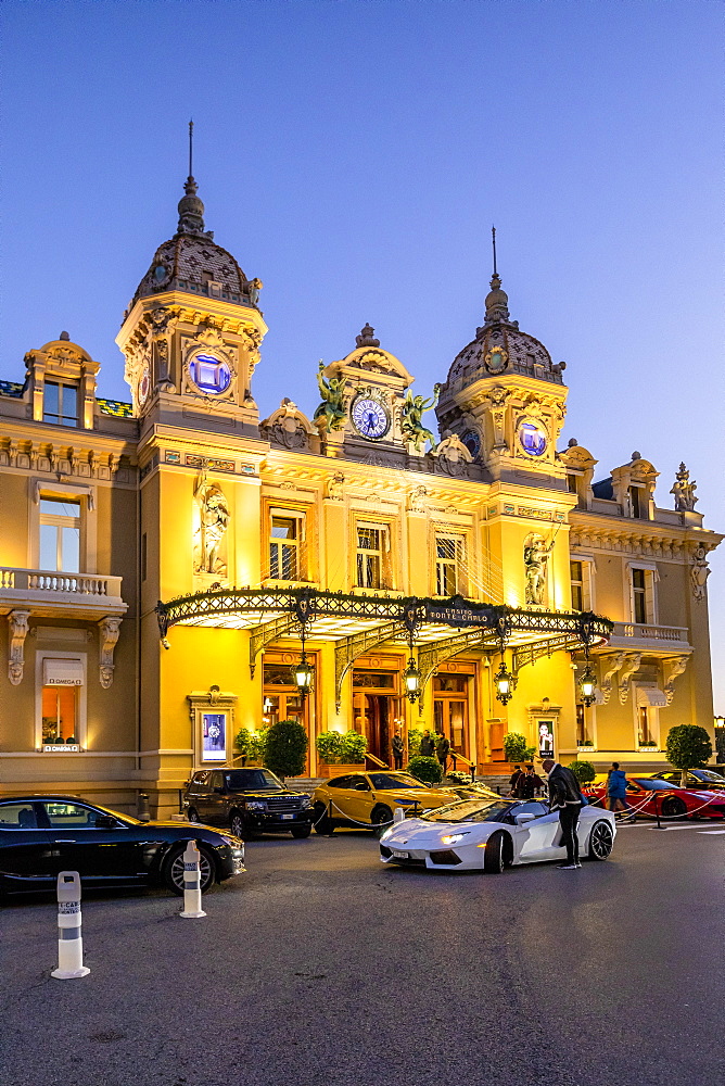 Monte Carlo Casino at dusk, Monte Carlo, Monaco, Mediterranean, Europe