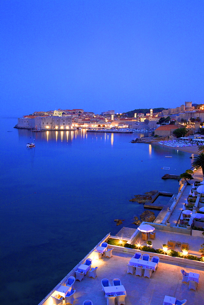 Dusk view over Dubrovnik Harbour and City, Dubrovnik, Croatia, Europe 